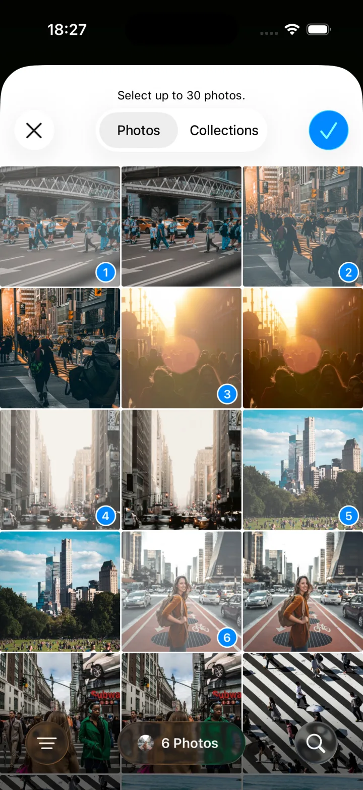 The photo picker with six photos chosen
