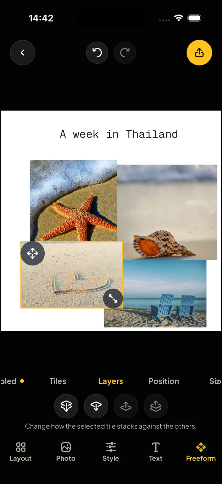 Montra’s editor with beach photos placed freely under the title A week in Thailand