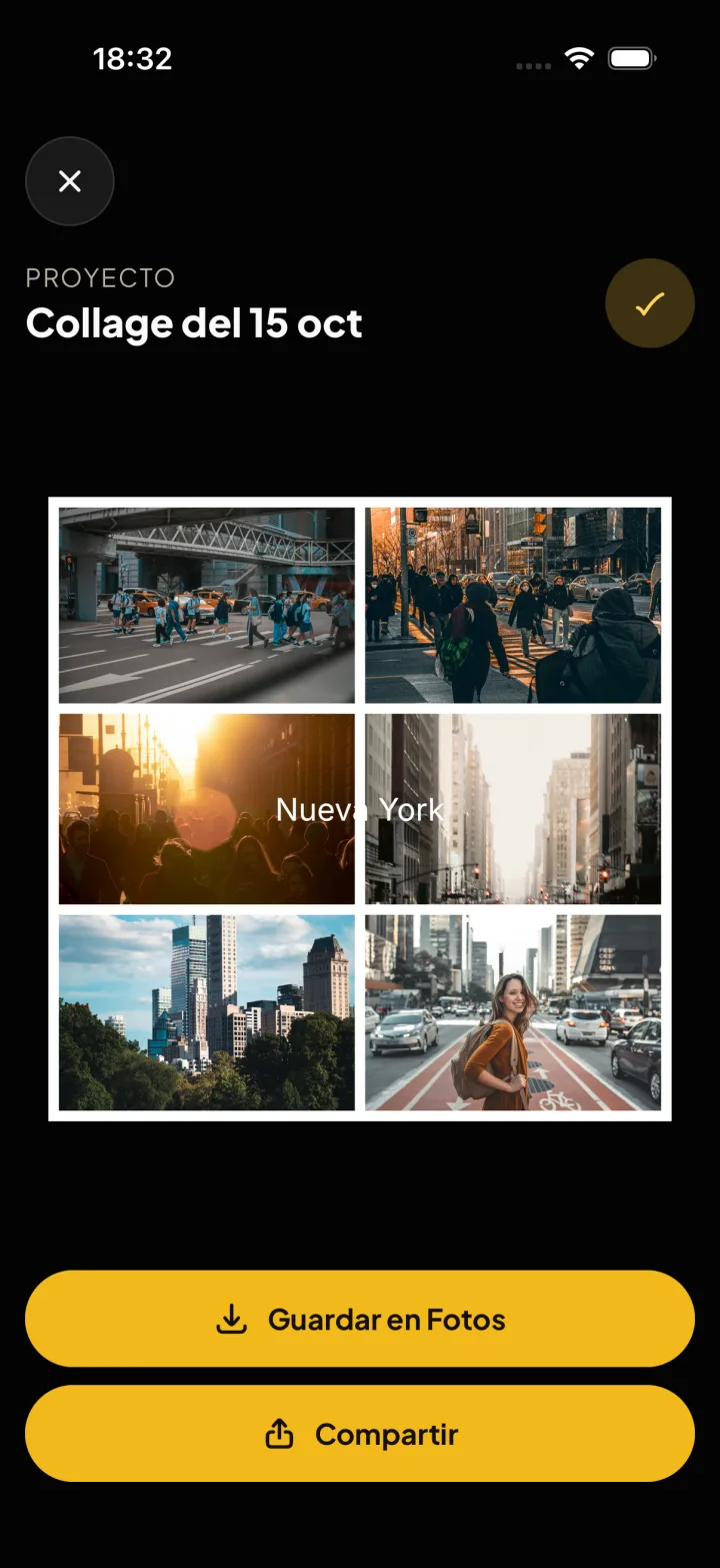 La pantalla de exportación con Guardar en Fotos y Compartir