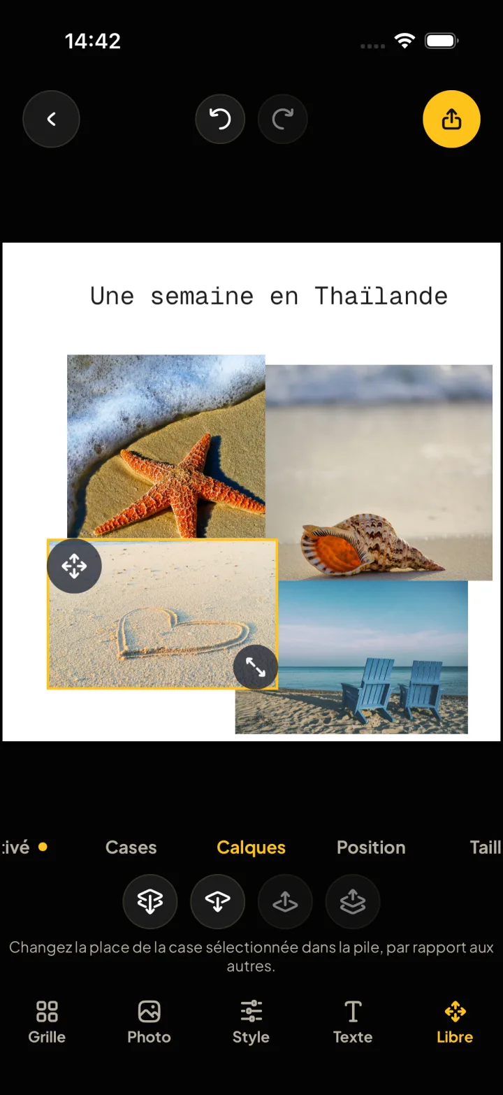 L’éditeur de Montra avec des photos de plage placées librement sous le titre Une semaine en Thaïlande